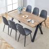 Table and chair set.63"x35.4" Wood-Textured MDF Dining Table with Black A-Frame Legs.Paired with 6 Dark Grey Linen-Cotton Round Corner Dining Chair.De