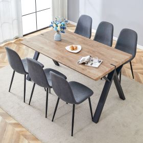 Table and chair set.63"x35.4" Wood-Textured MDF Dining Table with Black A-Frame Legs.Paired with 6 Dark Grey Linen-Cotton Round Corner Dining Chair.De