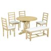 TOPMAX Farmhouse 6-Piece 60inch Extendable Pedestal Dining Table Set with 18inch Removable Leaf, 44inch Bench and 4 Ladder Back Dining Chairs, Natural