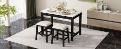 TREXM 3-Piece Modern Faux Marble Versatile Bar Table Set with Storage Drawers and Padded Stools