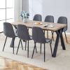 Table and chair set.63"x35.4" Wood-Textured MDF Dining Table with Black A-Frame Legs.Paired with 6 Dark Grey Linen-Cotton Round Corner Dining Chair.De