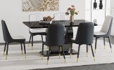 Table and chair set.63"W x 37"D x 30"H Black Marble MDF DiningTable Set with 6 White and Dark Gray spliced PU Chairs with black metal legs.Bring a com