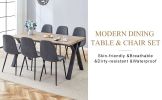 Table and chair set.63"x35.4" Wood-Textured MDF Dining Table with Black A-Frame Legs.Paired with 6 Dark Grey Linen-Cotton Round Corner Dining Chair.De
