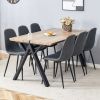 Table and chair set.63"x35.4" Wood-Textured MDF Dining Table with Black A-Frame Legs.Paired with 6 Dark Grey Linen-Cotton Round Corner Dining Chair.De